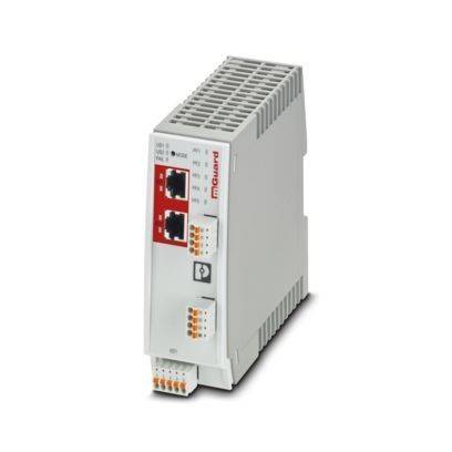 Elektronisches Gerät mit zwei Ethernet-Anschlüssen und mehreren Verbindungsklemmen, das für industrielle Netzwerkanwendungen verwendet wird.