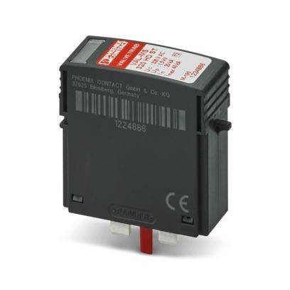 Ein kleines schwarzes elektronisches Gerät mit Barcode und Seriennummer. Es verfügt über eine rote Lasche am unteren Ende und eine CE-Kennzeichnung an der Seite.