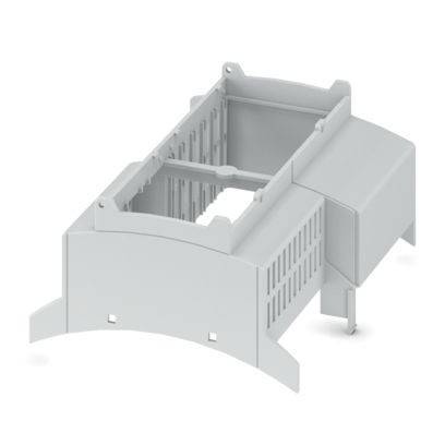 Ein 3D-gerendertes Bild eines grauen Kunststoff-Elektronikgehäuses mit Belüftungsschlitzen und Montagelaschen, das für die Unterbringung von Leiterplatten konzipiert ist.