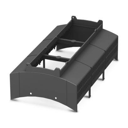 Rechteckiges, graues 3D-Modell, das einem Mehrfach-Gestell oder einer Halterung ähnelt und Seitenstützstrukturen sowie offene Abschnitte aufweist.