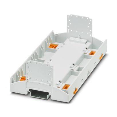 Eine weiße DIN-Hutschiene-Montageklammer mit orangefarbenen Clips, verwendet zur sicheren Befestigung und Anordnung von elektrischen Komponenten in Schalttafeln.