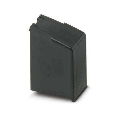 Ein schwarzes Kunststoffteil mit rechteckiger Form und abgestufter Oberseite. Wird typischerweise als elektronisches Bauteil oder Steckverbinderabdeckung verwendet.