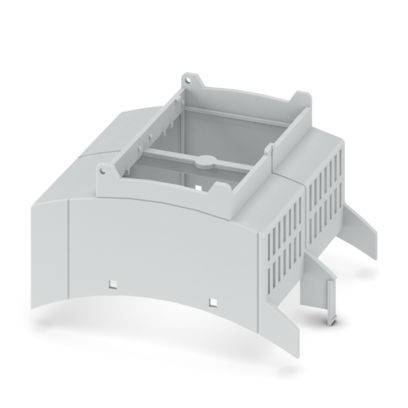 Ein grauer, rechteckiger elektronischer Gehäuse für Leiterplatten mit Lüftungsschlitzen und einem abnehmbaren Deckel, aus einem Winkel betrachtet.