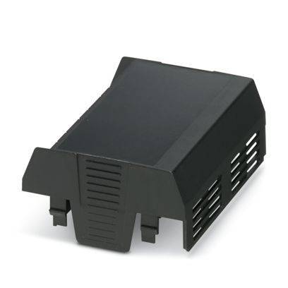 Ein schwarzes Kunststoffgehäuse mit Belüftungsschlitzen für elektronische Komponenten, mit abgeschrägten Seiten und einer ebenen Oberseite.