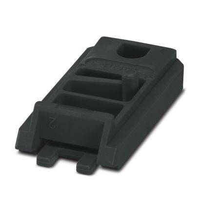 Eine schwarze Kunststoffkomponente mit einer Schlitzöffnung und zwei Zacken, möglicherweise ein elektrischer Stecker oder ein Befestigungsclip.