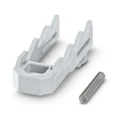 Ein weißer Kunststoff-Federhalter neben einer Metallfederspule, verwendet zum Sichern und Spannen von Komponenten in mechanischen Baugruppen.