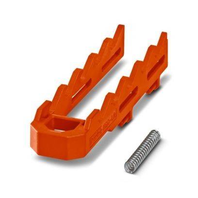 Orangefarbener Kunststoff-Wanddübel mit Zickzack-Design und einer kleinen Metallfeder, wird zum Befestigen von Objekten an Wänden verwendet.