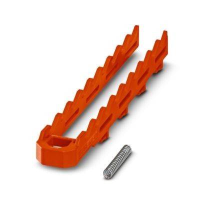 Ein orangefarbiger Kunststoffwandstecker mit gezahnten Kanten und einer Metallfeder, verwendet zum Befestigen von Schrauben in Wänden.
