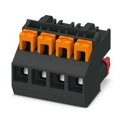 Oranger modularer Klemmenblock mit Hebeltechnik, schwarze Basis, vier Anschlußpunkte, verwendet für elektrische Verdrahtung und Schaltkreise.