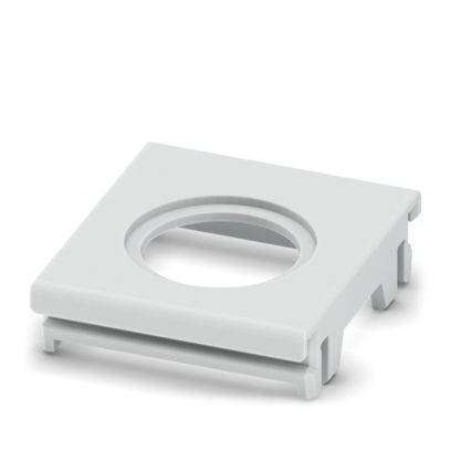 Ein quadratischer weißer Montagerahmen mit einer zentralen kreisförmigen Öffnung, entwickelt zum Befestigen von Abdeckungen oder Paneelen in elektrischen oder Netzwerkinstallationen.
