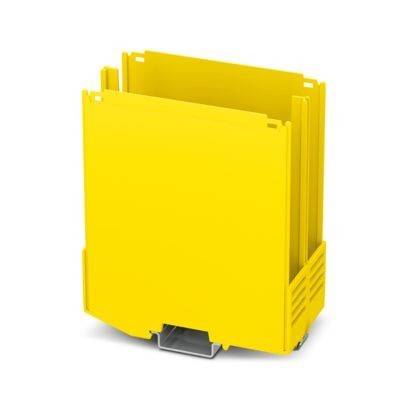 Ein leuchtend gelber stapelbarer Aufbewahrungsbehälter, von vorne betrachtet, mit robustem Design und offener Oberseite, geeignet zur Organisierung kleiner Gegenstände.