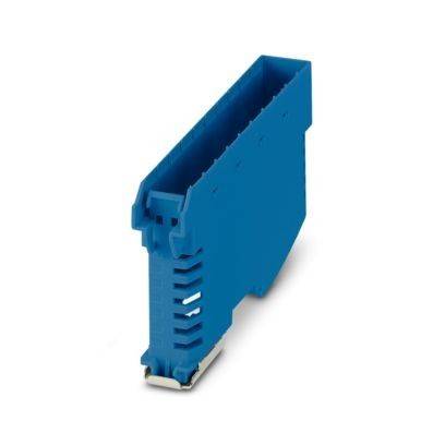 Eine blaue Kunststoff-Elektronikkomponente mit vertikaler rechteckiger Form und mehreren Schlitzen und Nuten, möglicherweise ein Stecker oder Gehäuse.