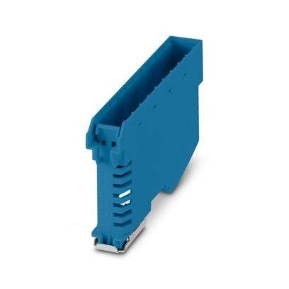 Eine blaue elektronische Befestigungshalterung für industrielle Verwendung, mit Schlitzen für Schaltkreise und einer kompakten, rechteckigen Form.