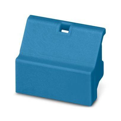 Ein blaues Kunststoffgehäuse mit einer Kerbe an der Oberseite, wahrscheinlich eine Schutzabdeckung für elektronische oder mechanische Komponenten.