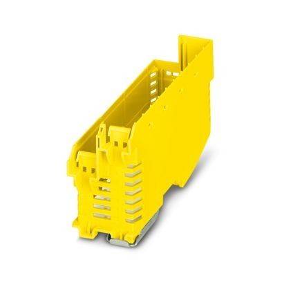 Ein gelber Kunststoff-Elektronikkomponentenhalter mit mehreren Schlitzen und einer Metallbasis, der zur Montage in einem Elektroschrank ausgelegt ist.