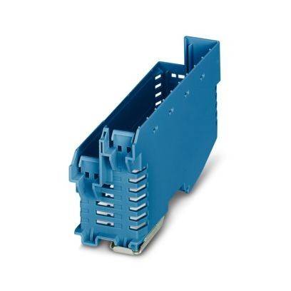 Ein blaues Gehäusemodul für elektrische Geräte mit mehreren Schlitzen und Steckerverbindungen, das für die Schaltungsverwaltung oder den Schutz verwendet wird.