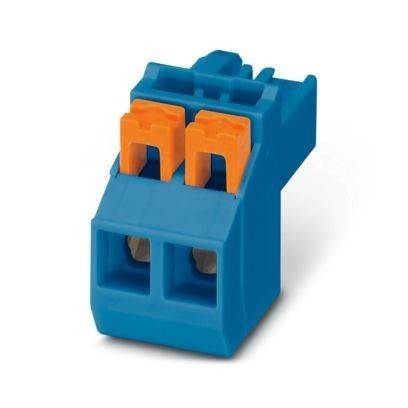 Ein blau und orange zweipol-Klemmleiste, die zwei Anschlusswicklungspunkte für sichere Verdrahtung in elektrischen Installationen zeigt.