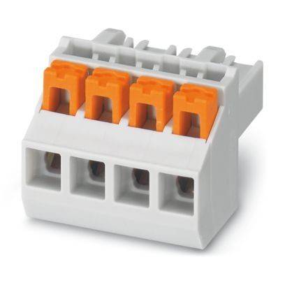 Ein weiß-oranges Anschlussklemmblock mit vier Anschlusspunkten für die Drahteinführung, der für elektrische Verdrahtungsaufgaben verwendet wird.