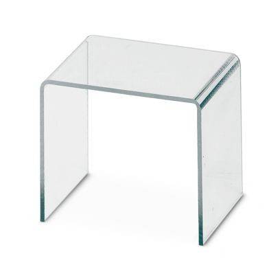 Ein kleiner, durchsichtiger Glaskant Tisch in rechteckiger Form mit gerundeten Kanten, der ein modernes und minimalistisches Design aufweist.