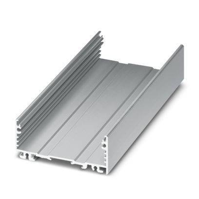 Ein metallisches, rechteckiges Extrusionsprofil, hauptsächlich für die Gehäusebildung oder Montage elektronischer Komponenten verwendet, mit einer gerillten Oberfläche.