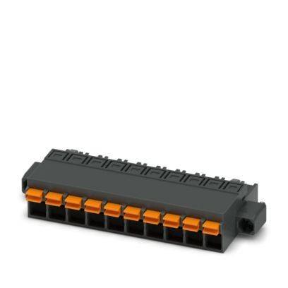 Ein grauer Steckverbinder mit mehreren orangefarbenen Anschlüssen, entwickelt für Drahtverbindungen, wird in industriellen oder elektronischen Anwendungen verwendet.
