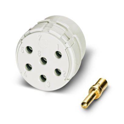 Ein sechslöchiger kreisförmiger Stecker mit einer nummerierten Schnittstelle befindet sich neben einem goldfarbenen Stift, der wahrscheinlich für elektrische Verbindungen verwendet wird.