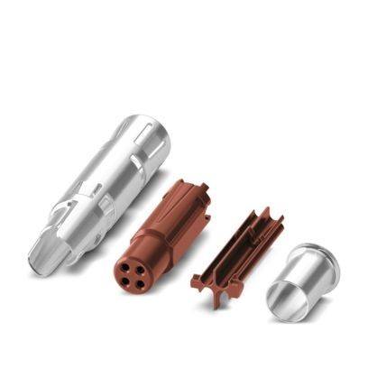 Ein silberner und ein brauner Stecker, jeweils in drei Teile zerlegt, um ihr Design und ihre Struktur zu Vergleichszwecken zu zeigen.