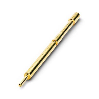 Ein goldener, zylindrischer Stift mit zwei Segmenten, wahrscheinlich zur Verwendung in elektronischen Verbindungen. Der Stift hat eine spitze Spitze und wirkt metallisch und reflektierend.