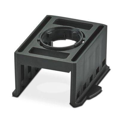 Eine schwarze Kunststoffmontagebasis mit Schlitzen und einer kreisförmigen Öffnung oben, verwendet zum Befestigen von elektronischen Komponenten.