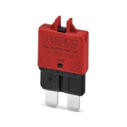 Ein rotes und schwarzes Kraftfahrzeug-Sicherungselement von Phoenix Contact, Modell TCP 32DC/10A, mit den Zertifizierungen CE, UKCA.
