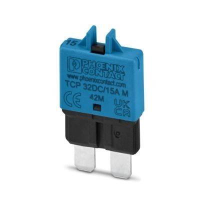 Eine blau-schwarze elektrische Sicherung mit der Aufschrift „Phoenix Contact TCP 32DC/15A M