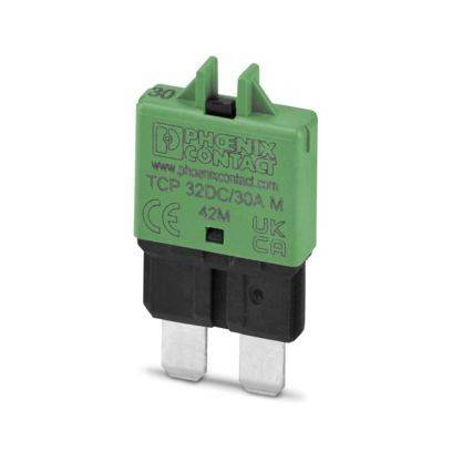 Ein grün und schwarz beschrifteter Phoenix Contact Sicherung mit der Bezeichnung 32DC/30A, verwendet für elektrische Verbindungen.
