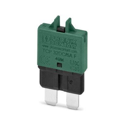 Eine grün-schwarze elektrische Sicherung mit der Bezeichnung „Phoenix Contact TCP 32DC/6A F