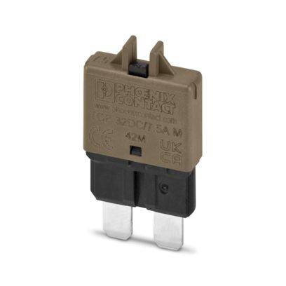 Ein kleiner brauner Leistungsschalter-Stecker mit metallischen Kontakten, gekennzeichnet mit „Phoenix Contact 42V AC/DC