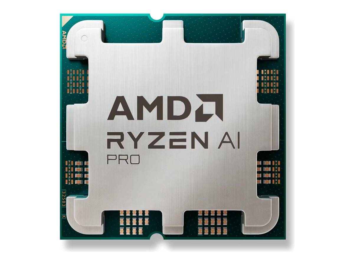 AMD Ryzen AI Pro Prozessor-Chip auf einer grünen Leiterplatte, in Nahaufnahme mit metallischer Wärmeverteiler und Branding gezeigt.