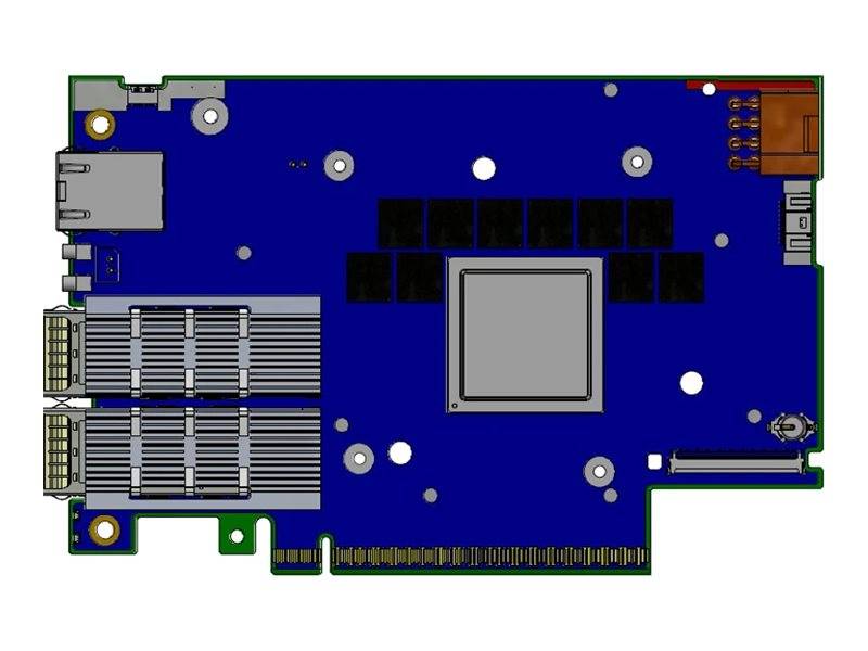 Draufsicht auf eine blaue Leiterplatte mit einem zentralen Chip, Kühlkörpern auf der linken Seite und mehreren Anschlüssen an den Kanten.