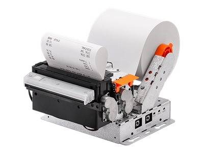 Ein Thermodrucker für Kassenrollen mit einer teilweise bedruckten Quittung, vor einem weißen Hintergrund dargestellt.