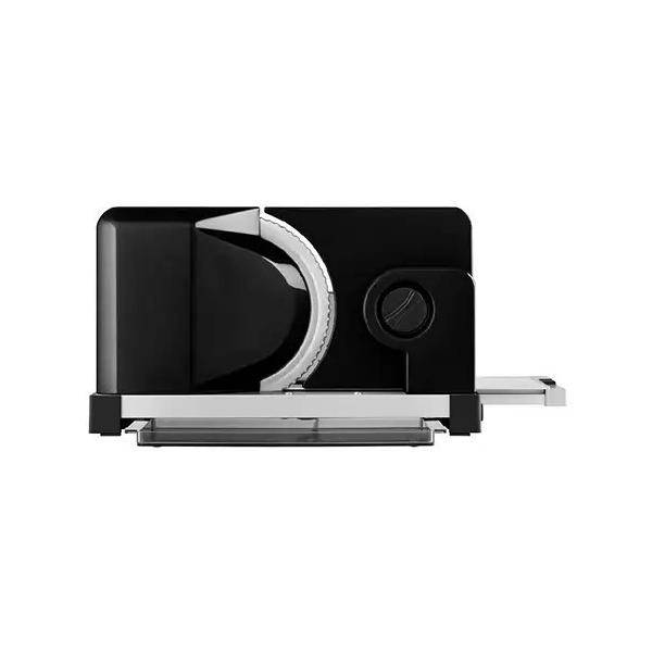 Elektrischer Fleischschneider mit schwarzem Gehäuse, rundem Messer und verstellbarer Dickenkontrolle.