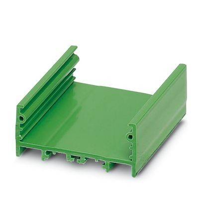Grüne Kunststoffkomponente, die einem Kanal mit zwei parallelen Schienen ähnelt und möglicherweise zum Montieren oder Gleiten verwendet wird.
