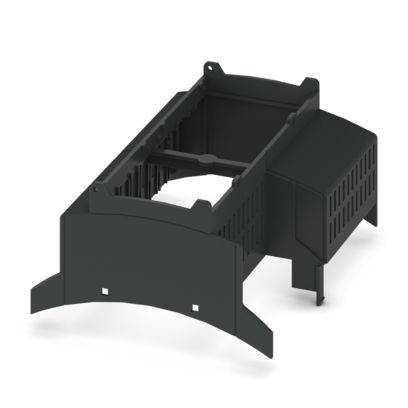 Ein schwarzes, kastenförmiges Kunststoffteil mit offenen Gittereiten und rechteckiger Grundfläche, das wahrscheinlich zum Gehäuse oder zum Schutz elektronischer Geräte verwendet wird.