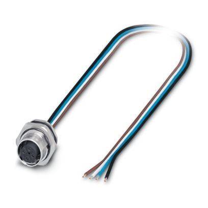 „M12-Steckverbinder mit offenen Drähten, bestehend aus vier farblich gekennzeichneten Kabeln: braun, weiß, blau und schwarz, die aus einem runden Metallgehäuse herausführen.