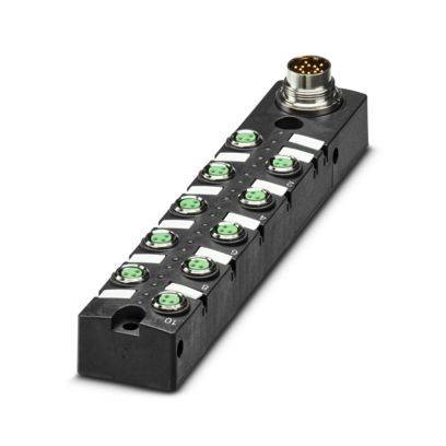 Ein schwarzer, rechteckiger elektronischer Verbindungsblock mit acht grünen kreisförmigen Anschlussanzeigen und einem metallischen kreisförmigen Anschluss an einem Ende.