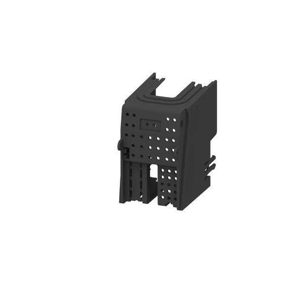 Eine schwarze, perforierte elektronische Montageklammer zum Halten von Schaltungskomponenten, dargestellt in einer 3D-Seitenansicht.