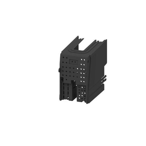 Ein 3D-Modell eines schwarzen elektronischen Komponentengehäuses mit Belüftungslöchern und einer rechteckigen Öffnung oben.