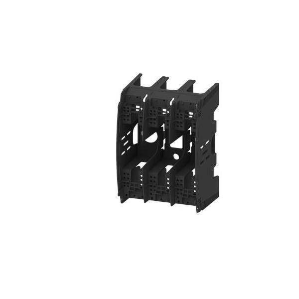 Eine schwarze, modulare Komponente mit Schlitzen und perforierten Seitenwänden, konzipiert zum Halten oder Organisieren von elektronischen oder mechanischen Teilen.
