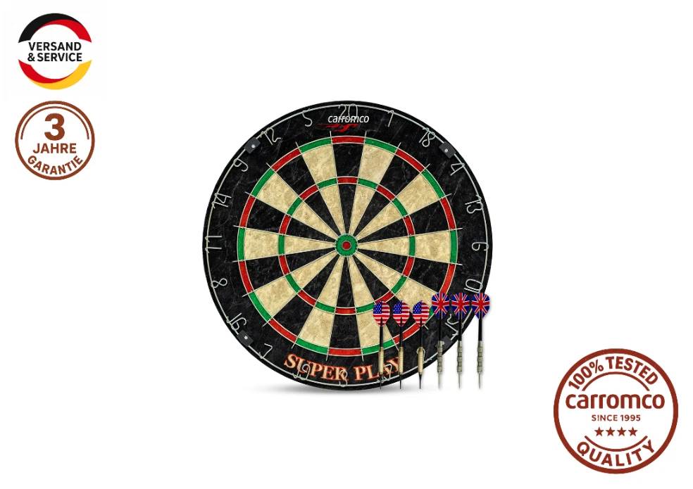 Carromco Dartscheibe Superplay Borsten Dartboard mit 3 Stahl- und 3 Softdarts, Turniergröße