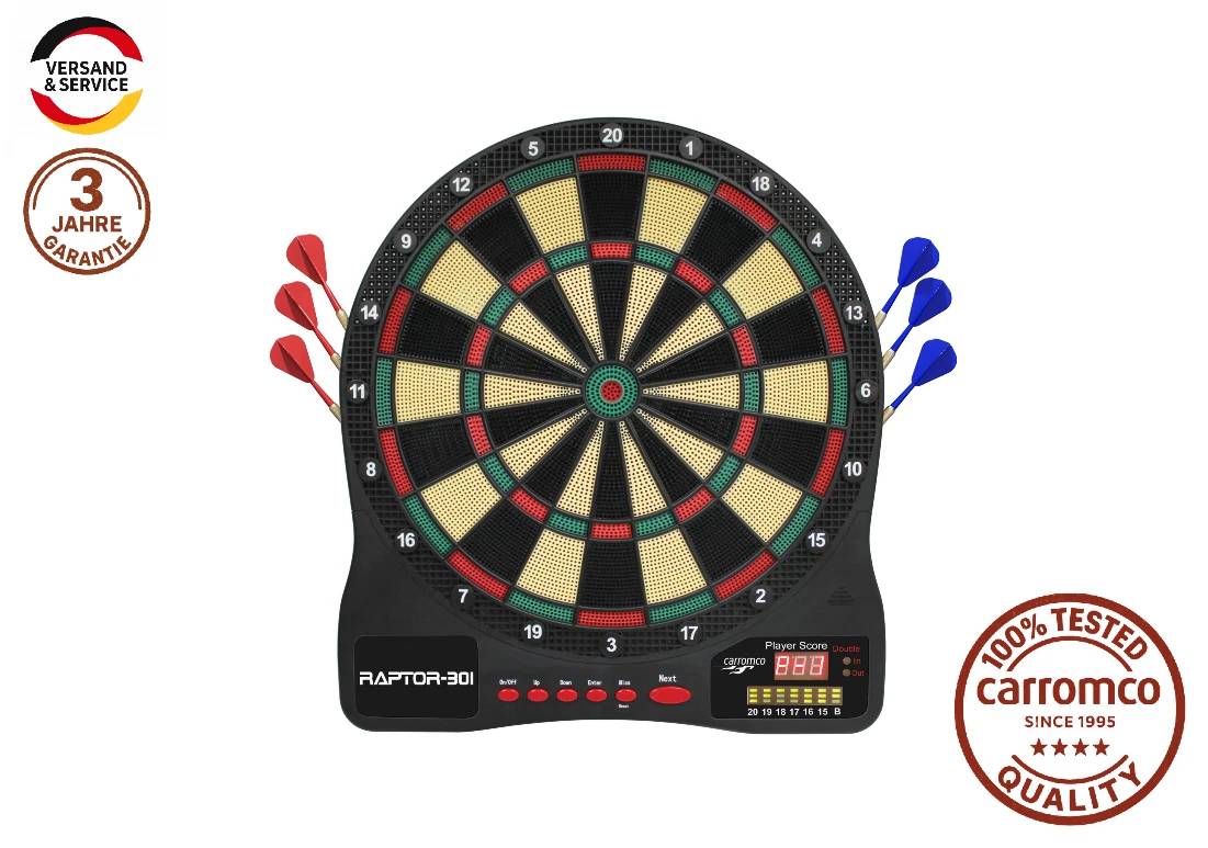 Carromco RAPTOR-301 Elektronische Dartscheibe inkl. Softdarts und Netzteil für 1–8 Spieler