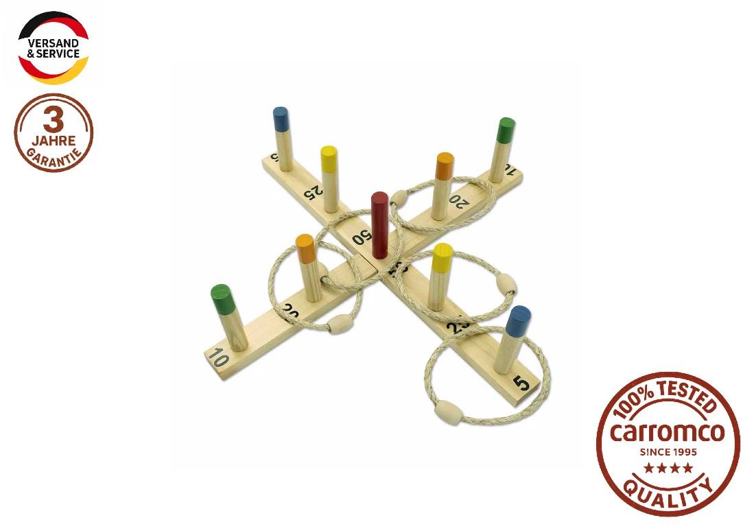 Carromco Original Wikinger Ringwurfspiel aus Holz inkl. 5 Ringe, Punktestöcke & Netzbeutel