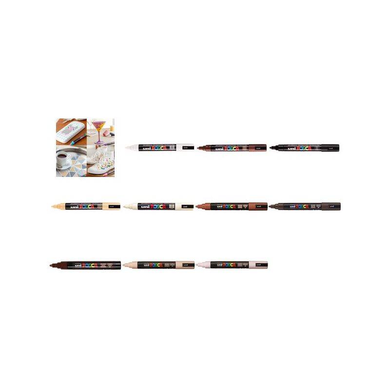 Satz aus acht zweispitzigen Markern in Erdtönen, horizontal angeordnet. Kleine eingefügte Bilder zeigen Marker, die auf Tellern und Tassen verwendet werden.