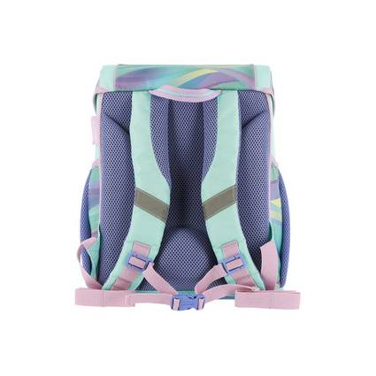 Ein Rucksack in Pastellfarben mit gepolsterten Schultergurten und einer Mesh-Rückseite, entwickelt für Komfort und Unterstützung.